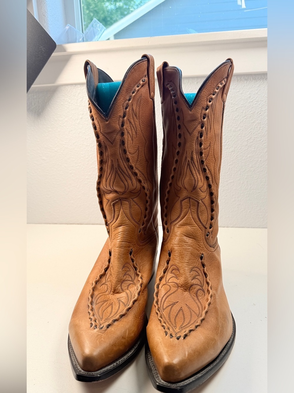 Vintage Dan Post Mens 12 E Tan Buckstitch Pointed Toe Cowboy Boots - Picture 6 of 15